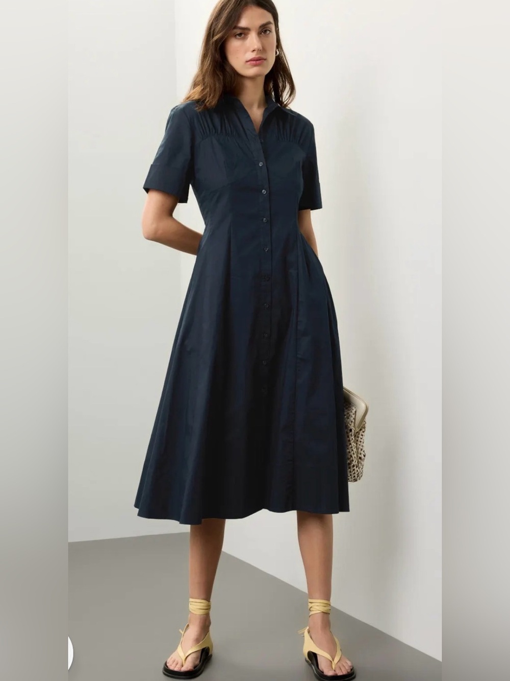 Club Monaco Navy Cotton Poplin Button-Front Midi Shirt Dress